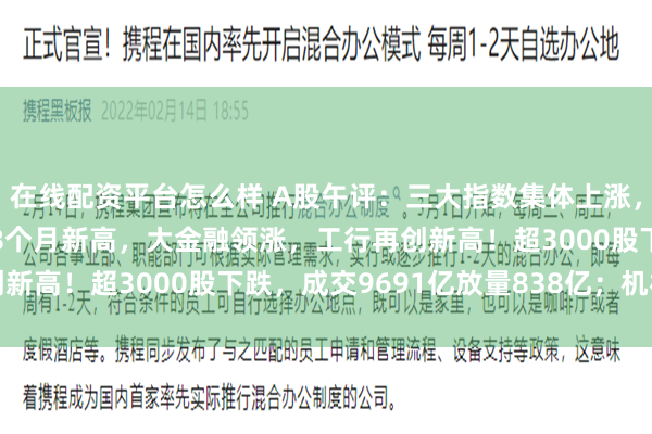 在线配资平台怎么样 A股午评：三大指数集体上涨，沪指重返3500点创近8个月新高，大金融领涨，工行再创新高！超3000股下跌，成交9691亿放量838亿；机构解读